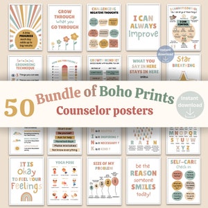 50 School counselor office decoration, School counselor boho sign poster printable, Elementary school counselor poster rainbow
