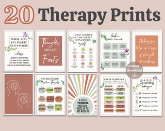 May include: Set of 20 printable therapy posters with motivational quotes and affirmations. The posters feature a variety of colors and designs, including floral illustrations and abstract patterns. The text includes phrases like "Thoughts are not facts", "A little progress each day adds up to big results", and "Asking for help is a sign of strength, not weakness".