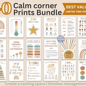 40 calming corner for toddler prints, Calm corner bundle counselor prints, Calm down corner classroom rainbow poster wall art