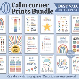 Set of 40 Calming Corner Posters, Classroom Decor for Self-Regulation, Social Emotional Learning. Feelings Chart Bundle. Printable Wall Art