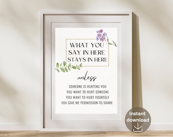 Confidentiality sign poster What you say in here stay in here School counselor Therapy office decor Counseling poster Social worker sign