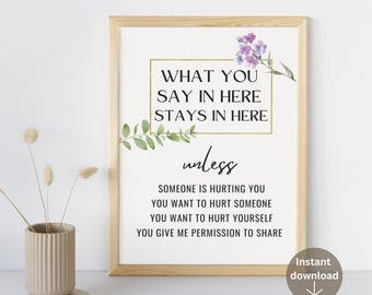 Confidentiality sign poster What you say in here stay in here School counselor Therapy office decor Counseling poster Social worker sign