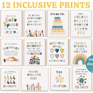 12 Inclusion posters, Inclusive classroom decor poster, Safe space sign, Diversity and equality poster, Counselor office decor