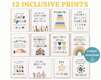 12 Inclusion posters, Inclusive classroom decor poster, Safe space sign, Diversity and equality poster, Counselor office decor