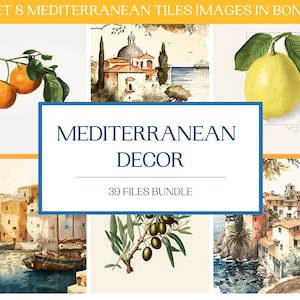 SET OF 39 - Mediterranean illustrations, printables, Instant download - PNG file - bundle + 8 mediterranean tiles illustrations in bonus!!