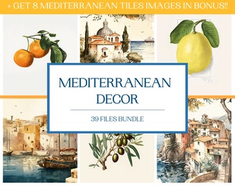 SET OF 39 - Mediterranean illustrations, printables, Instant download - PNG file - bundle + 8 mediterranean tiles illustrations in bonus!!