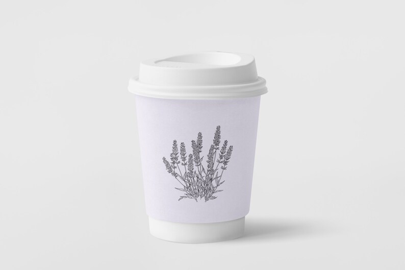 May include: White to-go coffee cup with a lavender design. The cup has a white lid.