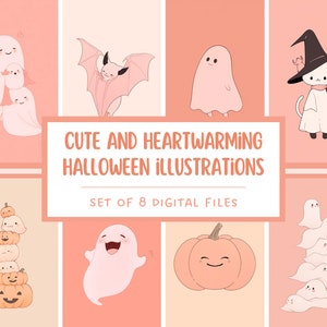Cute & heartwarming Halloween illustrations bundle - Digital PNG files - Pink halloween - Instant download - prints - ghost and pumpkin