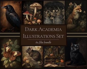 May include: A digital illustration set featuring dark academia themes. The set includes images of a raven, mushrooms, a fox, a butterfly, a rat, a still life with fruit and books, and a black cat. The text "DARK ACADEMIA ILLUSTRATIONS SET 60 files bundle" is displayed in the centre of the image.
