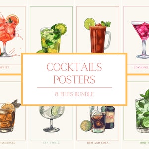 Conjunto de 8 CARTELES DE CÓCTEL - PNG - descarga instantánea - impresiones de bebidas - Decoración de happy hour - arte digital de cócteles de verano - decoración de cocina y bar
