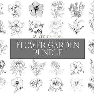 Vectores de arte de línea de flores de jardín - SVG - conjunto de 27 archivos - paquete - descarga instantánea - imágenes prediseñadas de flores - diseño de contorno de flores - ilustraciones