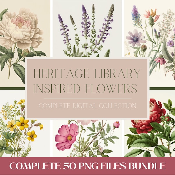 Vintage flower illustrations, Set of 50 - COMPLETE BUNDLE - Instant download - PNG file