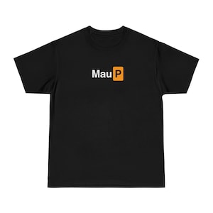 May include: Black t-shirt with white text that says "Mau P" and a stylized orange "P" logo.