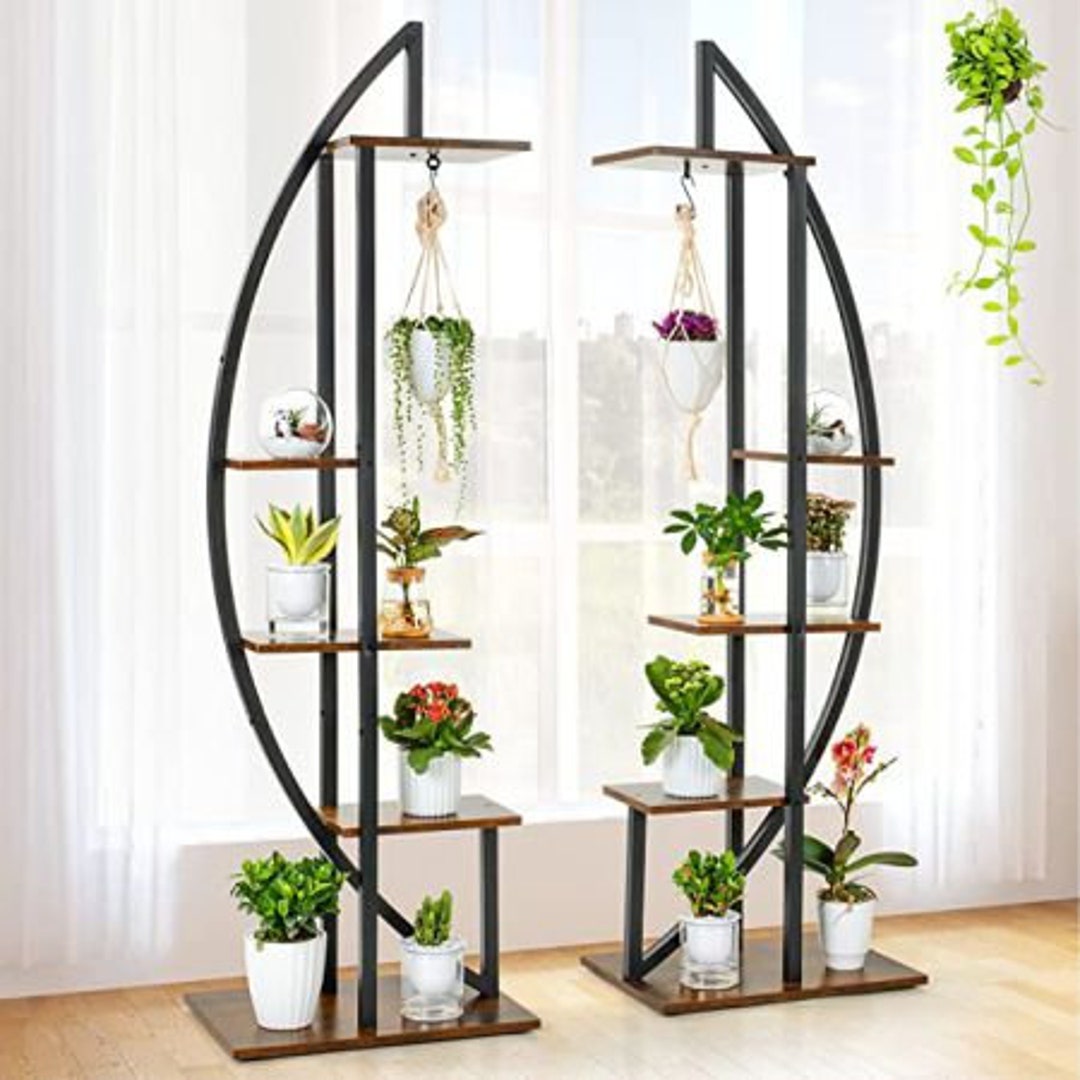 5 Tier Tall Metal Moon Style Plant Stand Multilevel Wooden Etsy