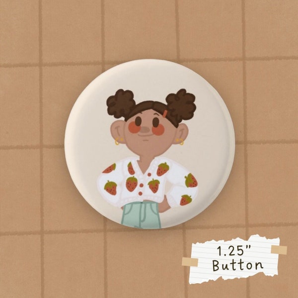 Strawberry Sweater Button | Handmade Pinback Button | 1.25 Inch | Adorable Pins | Kawaii Hand Drawn Digital Art | Cute Strawberry Girl Pin