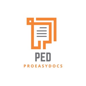 K&ouml;nnte beinhalten: Ein orange-graues Logo mit einem stilisierten Dokumentsymbol, den Buchstaben "PED" in Grau und den Worten "PROEASYDOCS" in Orange. Das Dokumentsymbol besteht aus orangefarbenen Linien und grauen horizontalen Linien.