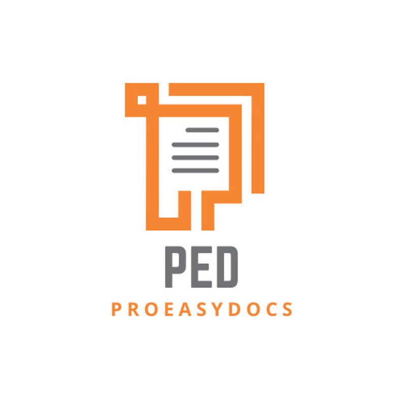 K&ouml;nnte beinhalten: Ein orange-graues Logo mit einem stilisierten Dokumentsymbol, den Buchstaben "PED" in Grau und den Worten "PROEASYDOCS" in Orange. Das Dokumentsymbol besteht aus orangefarbenen Linien und grauen horizontalen Linien.