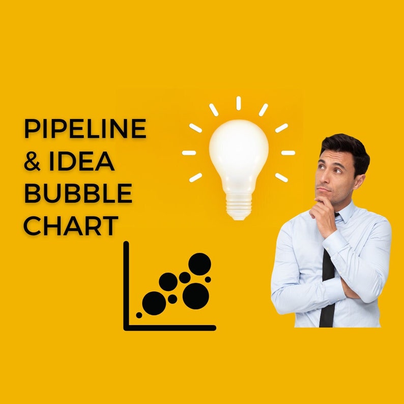 K&ouml;nnte beinhalten: Gelber Hintergrund mit dem Text "PIPELINE & IDEA BUBBLE CHART" in Schwarz. Eine wei&szlig;e Gl&uuml;hbirne befindet sich &uuml;ber einem Mann in blauem Hemd und schwarzer Krawatte, der nachdenklich nach oben schaut. Unten links ist ein schwarzes Blasendiagramm.