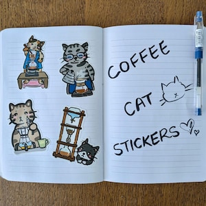 Stickers découpés thème chat café, lot de 4