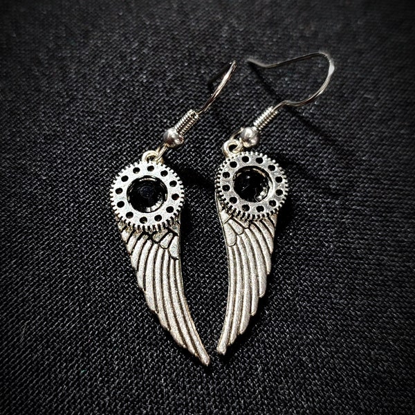 Angel Wing Earrings Gothic Silver Black Jewelry Crystal Unique Steampunk Fantasy Gift For Woman