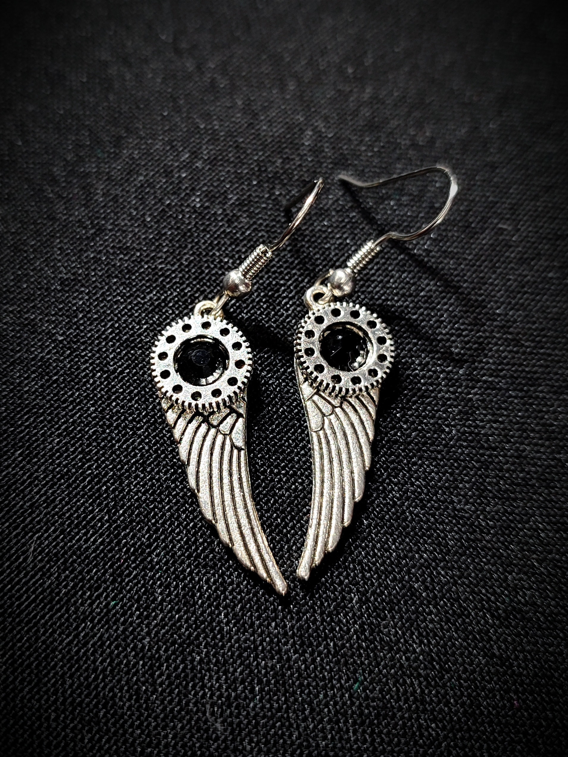 Elegant Black and Silver Wing Earrings Antique Silver Wing Design Earrings with Black Onyx and  main image 3