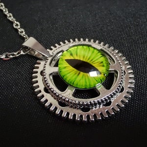 Green Dragon Eye Necklace Gothic Pendant Silver Jewelry Unique Steampunk Fantasy Gift For Woman For Men Evil Eye Style