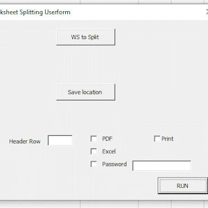 Peut inclure: Un formulaire de division de feuille de calcul avec des boutons intitulés "WS to Split" et "Save location". Il y a une zone de texte intitulée "Header Row", des cases à cocher pour "PDF", "Excel" et "Print", et une zone de texte intitulée "Password". Un bouton intitulé "RUN" se trouve en bas du formulaire.
