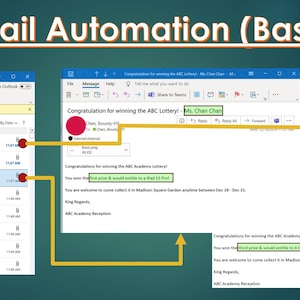Pode incluir: Uma captura de tela de um computador mostrando um processo de automação de e-mail. A linha de assunto do e-mail diz "Parabéns por ganhar a Loteria ABC!" e o corpo do e-mail inclui o texto "Você ganhou um prêmio e teria direito a um iPad (1º prêmio)".