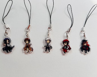 May include: Five anime-style character charms with black lanyards. The charms feature colorful illustrations of figures in various outfits. Each charm is attached to a silver-colored clasp.