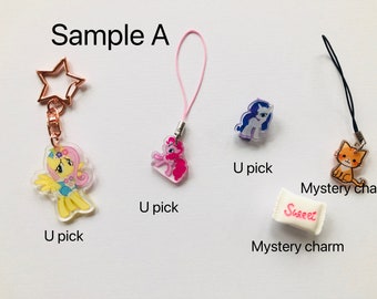 Mystery Bag /Grab Bag 6 pieces Bundle bag : 1 keychain +1 phonecharm +1 minibookmark +2 mystery charms +1 Kawaii Reusable bag with zipper