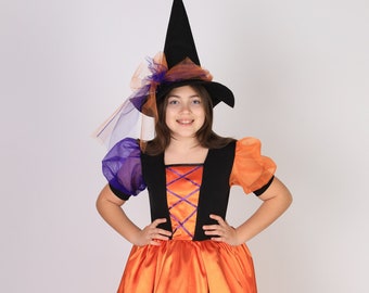 Orange Witch Costume for Girls: Enchanting Halloween Delight, Handmade Halloween Girl Costume, Halloween Witch Dress