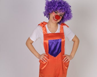 Halloween Clown Costume, Satin Cloth Halloween Costume, Orange Color Female Clown Costume, Handmade Female Clown Costume