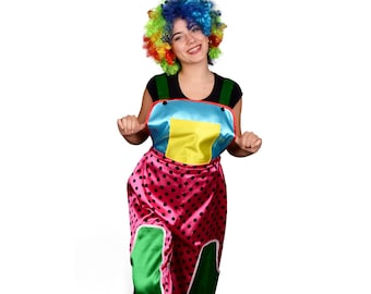 Prickig salopette clownkostym, rolig festkostym, handgjord färgglad clownkostym, prickig clownkostym, kvinnlig clownkostym