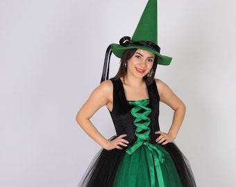 Halloween Witch Dress, Halloween Witch Costume, Green and Black Colored Witch Costume, Tulle Witch Dress, Handmade Witch Costume
