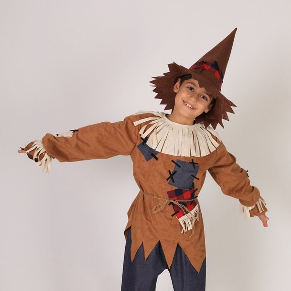 Disfraz de niño de Halloween, disfraz de espantapájaros hecho a mano, disfraz de espantapájaros marrón, disfraz de fiesta y actividad para niños
