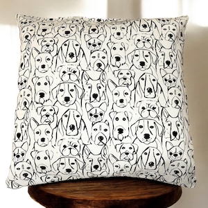 Dog Print Pillow Cover, Black and White Dog Cushion, Canvas Pet Lover Throw Pillow, Funny Dog Faces Pillowcase, Gift for Dog Owner