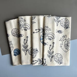 Nautical Cloth Napkins with Seashell and Fish Print, Ocean Table Decor, Beach House Reusable 16x16 Cotton Napkins, Paperless Napkin