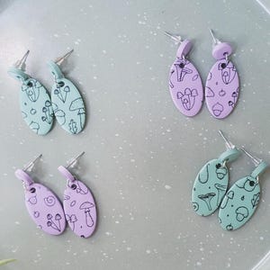 Mushroom Print Dangle Ovals - Silk screen, polymer clay earrings