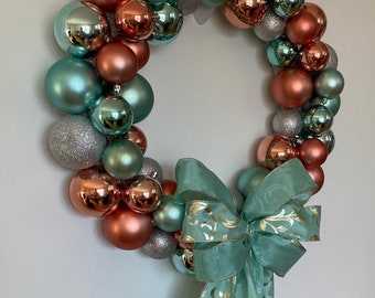 BOXING MONTH SALE - 24" Whimsical Pink and Turquoise Christmas Ornament Wreath - Handmade, Holiday, Outdoor, Indoor, Decor