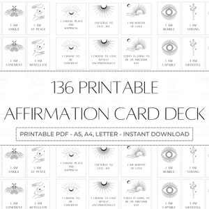 Puede incluir: Un conjunto de 136 tarjetas de afirmación imprimibles. Cada tarjeta presenta un diseño en blanco y negro con frases inspiradoras como "Soy fuerte" y "Soy capaz". Disponible para descarga instantánea.