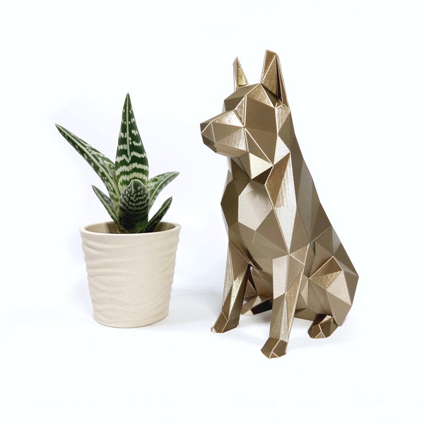 German shepherd Dog figure, shiny gold low poly look, unique gift for Shepherd owner, decoration for home