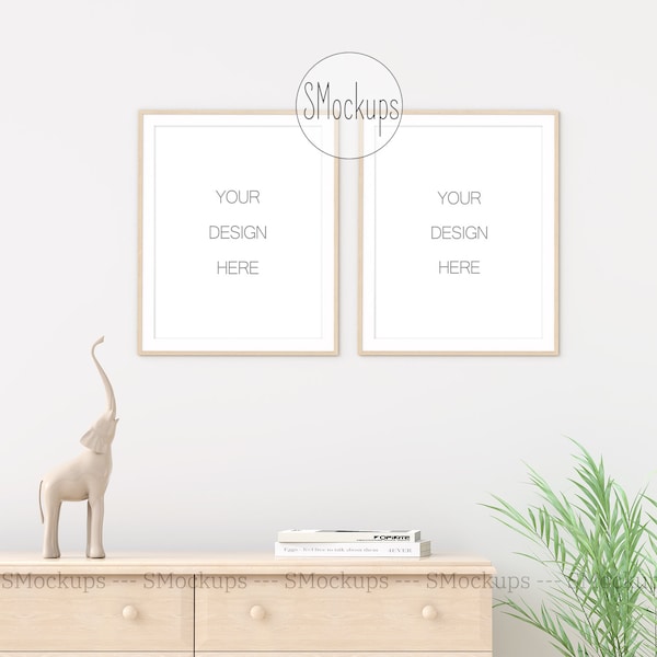 Frame mockup 8x10, vertical wooden frames on a gray wall layout, JPG, PNG, PSD mockup