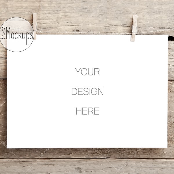 Mockup of Horizontal A4 Sheet Hanging With Clothespins on Clothesline, Digital Photoshop Template, PSD, PNG, JPG