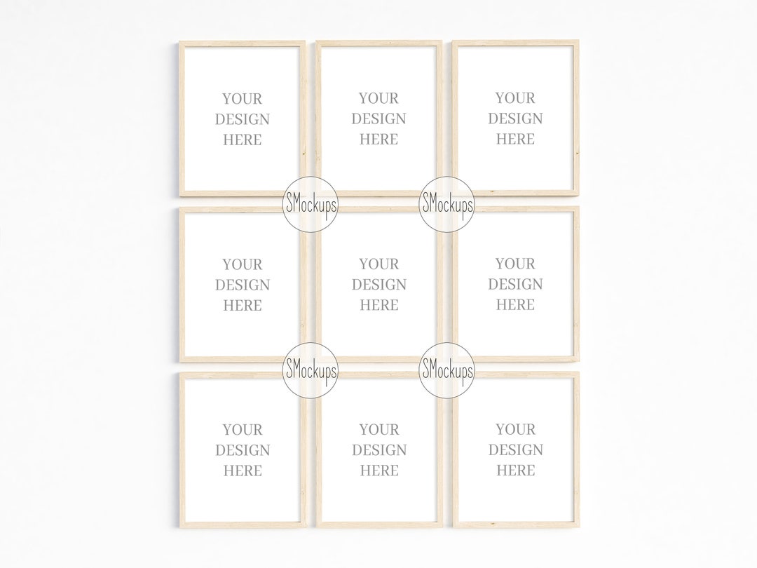 Digital Set of 9 Frames Mock Up, Wooden Frame Mockup, 8x10 16x20 24x30