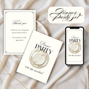 Könnte beinhalten: Eine Sammlung von Dinnerparty-Papeterie, darunter Einladungskarten und ein Smartphone-Mockup. Die Karten zeigen elegante Schrift und eine Tellerillustration. Der Text auf den Karten lautet "Dinner Party" und "You are invited."