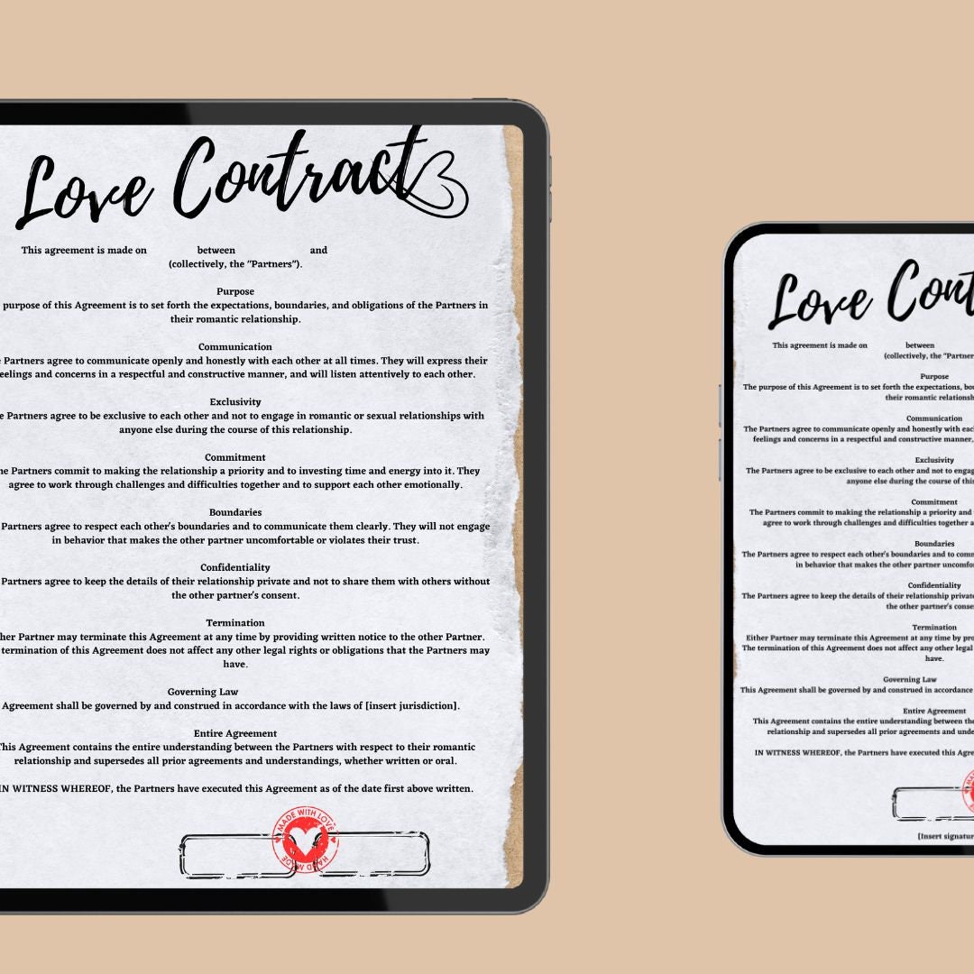 Couple Contract, Printable Love Contract, Digital Relationship