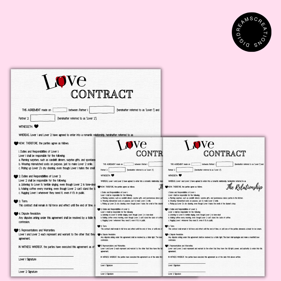 Couple Contract, Printable Love Contract, Digital Relationship Contract