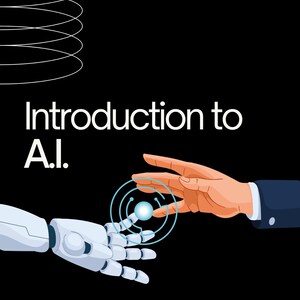 May include: Black background with the text "Introduction to A.I." and a graphic of a human hand and a robotic hand interacting with a glowing blue circle. The AIDE logo is in the upper right corner.
