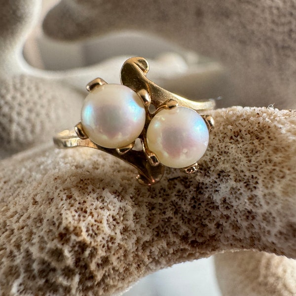 Vintage 10K Double Pearl Ring High Lustre Size 7.75