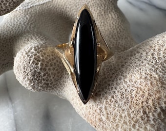 Vintage grote 10K Marquise Onyx-stenen ring geëtste schouderdecoratie SZ 10,5 inch